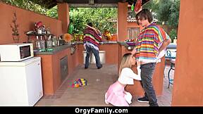 Petite 18+ stepsister gets FUCKED hard in orgy while stepdad is blindfolded by uncle.