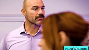 blonde sexy teen prepares her client for a wet nuru massage. lauren phillips and david lee get into the slippery action.