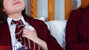 I can't believe these two British students are racing to masturbate first in their uniforms.