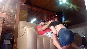 Almost caught cheating by fucking petite cowgirl stepsister-in-law riding with small tits flashing