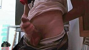 Skinny guy masturbates with big cock in shop backroom