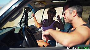 Ripped blonde fitness model gets creampied outdoors in the desert with big tits action.