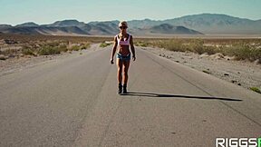 Ripped blonde fitness model gets creampied outdoors in the desert with big tits action.