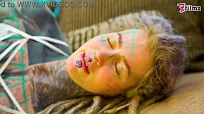 Hey sexy tattoo girl, show off that petite ass in fishnets and high heels with xl dildo anal play