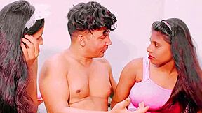 Two brunette stepsisters team up in a college ffm threesome with stepbrother for hardcore action