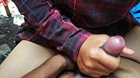 so this indo maid and her boss sneak off behind the house for a quick blowjob and cumshot