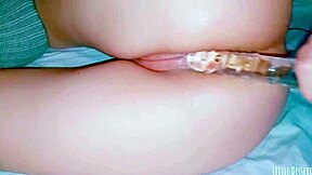 horny latina teen shaves pussy, then masturbates with glass dildo in spa till creampie wet