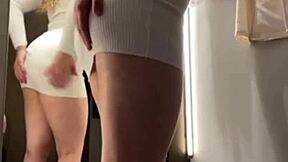 Hey public fucking in the fitting room turns into hardcore orgasm with cumshot on big tits for teen 18+ in changing room