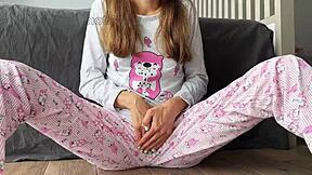 Skinny pajama babe masturbates small tits fingers shaved pussy closeup squirts orgasm