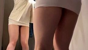 Hey public fucking in the fitting room turns into hardcore orgasm with cumshot on big tits for teen 18+ in changing room