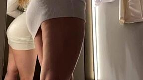 Hey public fucking in the fitting room turns into hardcore orgasm with cumshot on big tits for teen 18+ in changing room