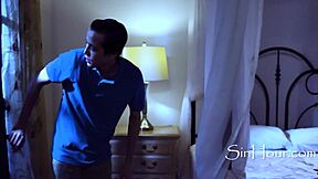 Teen sneaks in boyfriend for her first sex with blowjob deepthroat doggystyle kissing petite shaved pussy