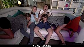 twin stepmoms are working hard to take care of their stepsons in 4some big tits blowjob group sex