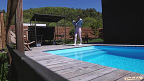 Neighbor SPIES on my morning yoga by the pool and joins for quickie doggystyle creampie.