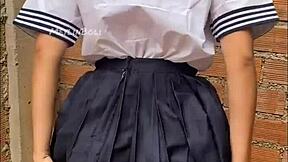 My neighbor loses bet and wears Japanese school uniform beautiful we fuck while her boyfriend works