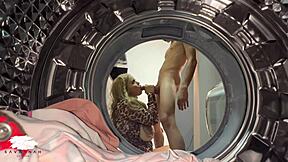 Chubby blonde rides young 18+ guy in laundry room sex 😏