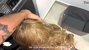 Chubby blonde rides young 18+ guy in laundry room sex 😏