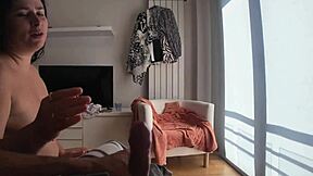 Oh man, stepmom's on the phone ignoring me so I start jerking off right there watching her big tits and wet pussy