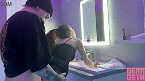 gerageyn hooks up for sex with a stranger in public toilet. she takes huge creampie from his big dick during rough face fucking.