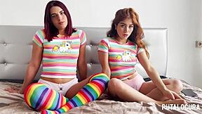 putalocura - latina teens marina gold and rosie cage in bedroom threesome with blowjob cowgirl doggystyle missionary riding and cum in mouth swallow