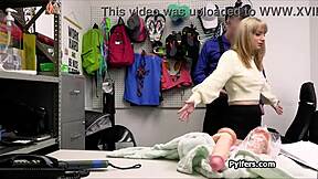 Security officer confronts hottie thief who stole dildo from office. He pulls out big cock for punishment.