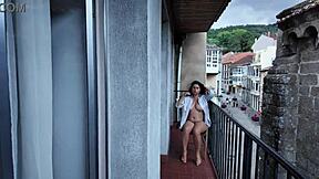 My curvy stepsister flashed her big natural tits and hairy pussy on the balcony. She masturbated risky in public while voyeurs watched her naked body outdoors.