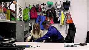 Security officer confronts hottie thief who stole dildo from office. He pulls out big cock for punishment.