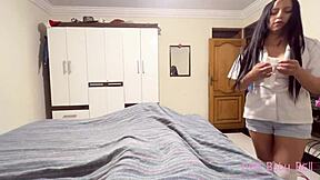 Shy petite Latina babe in dress gives blowjob and rides cowgirl in cuckold scene.