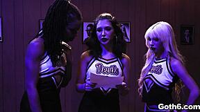 Crazy goth teen sluts shared a giant dick in a hardcore foursome.