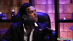 Crazy goth teen sluts shared a giant dick in a hardcore foursome.