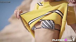 petite blonde milf feels excited during her outdoor striptease and solo dancing