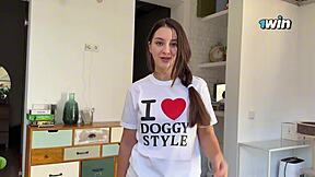 seducing step sis in i love doggystyle t-shirt for missionary creampie inside her tight pussy