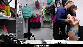 shoplifting Aria Valencia gets caught and gives officer deepthroat blowjob before riding his cock hard