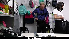 shoplifting Aria Valencia gets caught and gives officer deepthroat blowjob before riding his cock hard