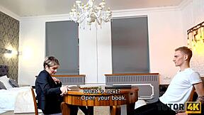 Tutor4k short hair Russian teacher in stockings cheats with teen disciple in missionary hairy pussy sex