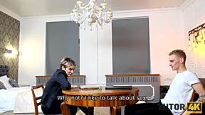 Tutor4k short hair Russian teacher in stockings cheats with teen disciple in missionary hairy pussy sex