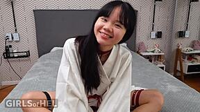 baebie hel tries on leather bondage gear in bedroom spreading legs wide for cute petite asian solo display