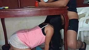 the latina teen 18+ hides under the table giving a homemade blowjob to her lover