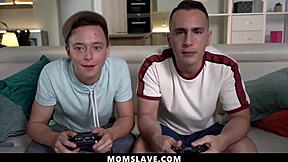 Sexy milfs eagerly ride their stepsons' cocks during intense gaming sessions, turning the room into a wild group scene