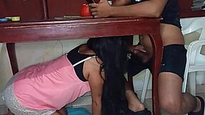 the latina teen 18+ hides under the table giving a homemade blowjob to her lover