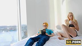 i satisfy my blond stepsis by licking her shaved pussy behind bf... oops, he's on bed