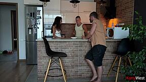 Wife cheats on husband behind his back. She sucks his best friend's dick over the desk.