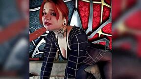 Beautiful red-haired cosplayer with huge natural tits and glasses moans in solo masturbation using dildo and vibrator for sensual orgasm with dirty talk