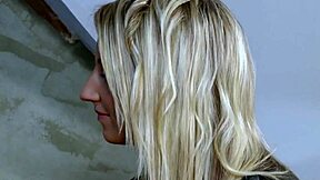 after the amazing sex, the petite blonde licks off his cum in a close-up scene