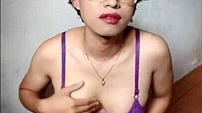 Wow, check out this beautiful Asian shemale in her early morning solo masturbation session!