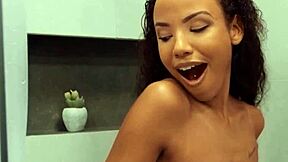 Naughty babe Romy Indy contrasts petite shaved pussy riding with deepthroat sucking of roommate's monster cock in dorm