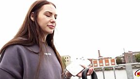 German scout picks up skinny 18 year old teen Emma Evans with small tits and long labia. He talks her into rough doggystyle fuck and facial cumshot in casting.