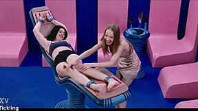 so this cute brunette brill angel gets all tied up for some intense feather tickling on her feet. petite 18+ nata gold joins in, making her squirm and moan like crazy.