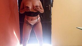 Big ass stepdaughter cleans house in lingerie, spreads wet pussy lips, masturbates with panties for pervert stepfather creampie.