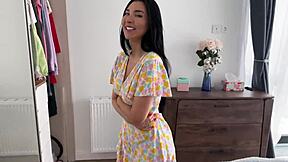 Stepbrother Reveals Huge Cock to Stepsister Who Strips Naked. She Rides Him in Cowgirl with Big Tits Bouncing and Tight Wet Pussy Gripping.